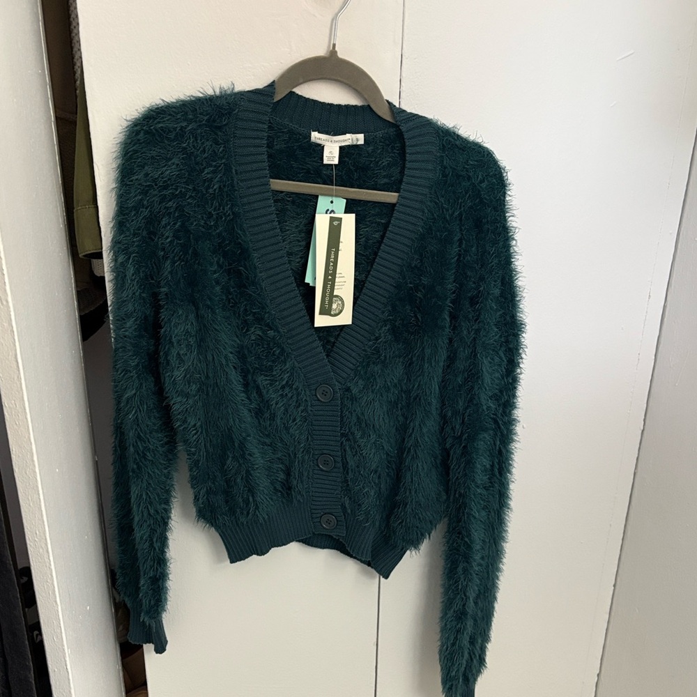 Threads 4 Thought Teal Fuzzy V-Neck Button Front Cardigan